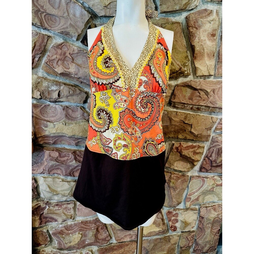 Y2K VTG Womens  orange Yellow  Trim Swim Dress One Piece Swimsuit 2000s Retro 18